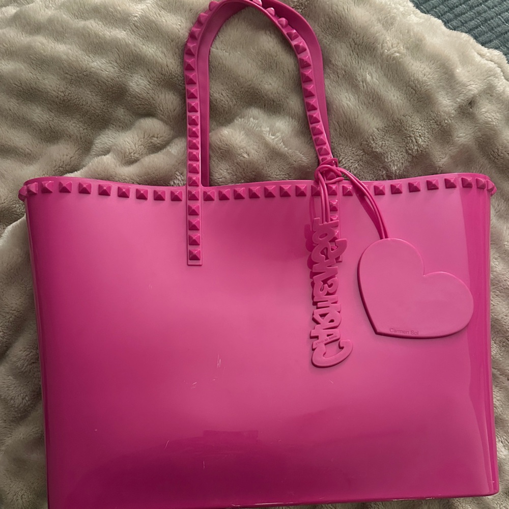 Carmen Sol Hot Pink Stud-Trim Jelly Tote with Heart Charm and matching clutch